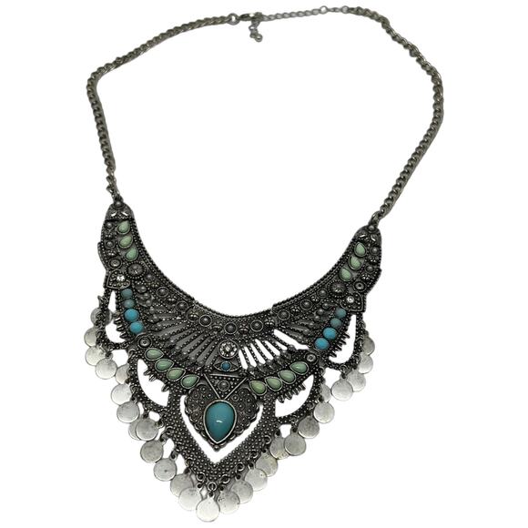 Bohemian Statement Bib Necklace Silver Turquoise Mint Tribal Coin Festival 22.5" - Picture 2 of 5